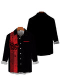 Retro Casual Red And Black Contrast Color Stripe And Coiling Dragon Totem Printing Breast Pocket Long Sleeve Shirt
