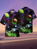 Eye-Catching Psychedelic Black And Purple Mysterious Outer Space Planets And Spaceships Printing Cuban Collar Hawaiian Short Sleeve Shirt