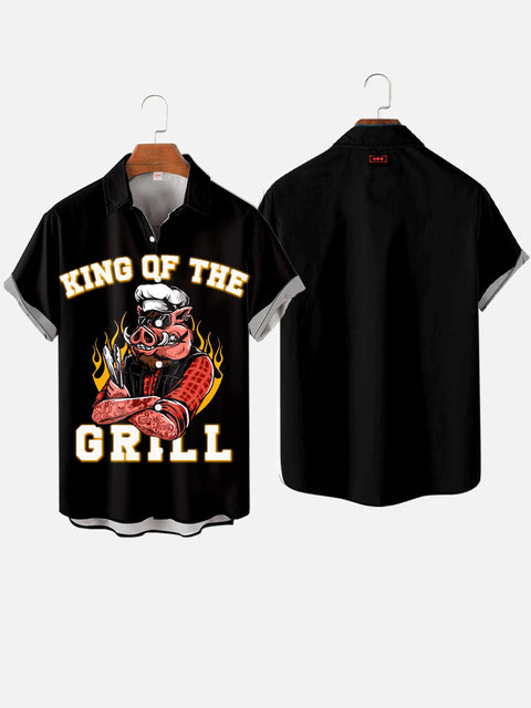 King Of The Grill Flaming Pig Cook BBQ Printing Short Sleeve Shirt