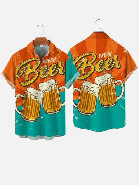 Retro Orange And Cyan Contrast Beer Poster Printing Short Sleeve Shirt