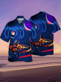 Eye-Catching Dark Blue Sci-Fi Fantasy Space Station and Galaxy Star Swirl Printing Cuban Collar Hawaiian Short Sleeve Shirt