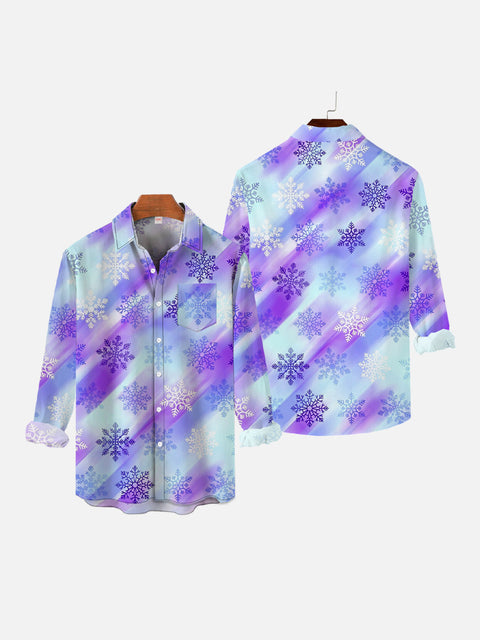 Abstract Gradient Purple Holiday Snowflakes Printing Breast Pocket Long Sleeve Shirt