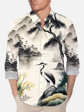 Ukiyo-E Color Ink Painting Art Mysterious Oriental Crane And Pine Printing Long Sleeve Shirt