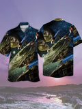 Eye-Catching Futuristic Style Vast Starry Universe And Sci-Fi Interstellar Travel Fleet Star-Fighters Printing Cuban Collar Hawaiian Short Sleeve Shirt