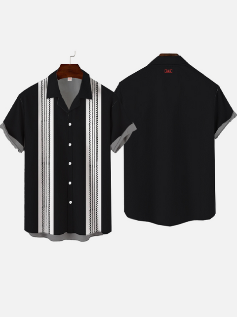 Eye-Catching 1960s Black And White Stripes Stitching Linear Pattern Painting Printing Cuban Collar Hawaiian Short Sleeve Shirt