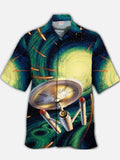 Eye-Catching Sci-Fi Green Space Star Swirl And Spaceship Printing Cuban Collar Hawaiian Short Sleeve Shirt