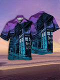 Eye-Catching Fantasy Purple Starry Sky Broken Building And Time Travel Box Printing Cuban Collar Hawaiian Short Sleeve Shirt