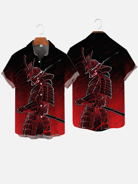 Ukiyo-E Red Gradient Cloud Background And Mysterious Warrior Printing Short Sleeve Shirt