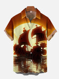 Pirate Ship Sailing Under Sunset Cartoon Costumes Printing Short Sleeve Shirt