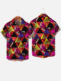 Retro Disco Colorful Triangle Blocks Spliced And Cartoon Elements Printing Short Sleeve Shirt
