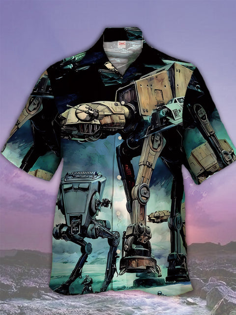 Eye-Catching Sci-Fi Ancient Armed Walker And Armed Robot Printing Cuban Collar Hawaiian Short Sleeve Shirt