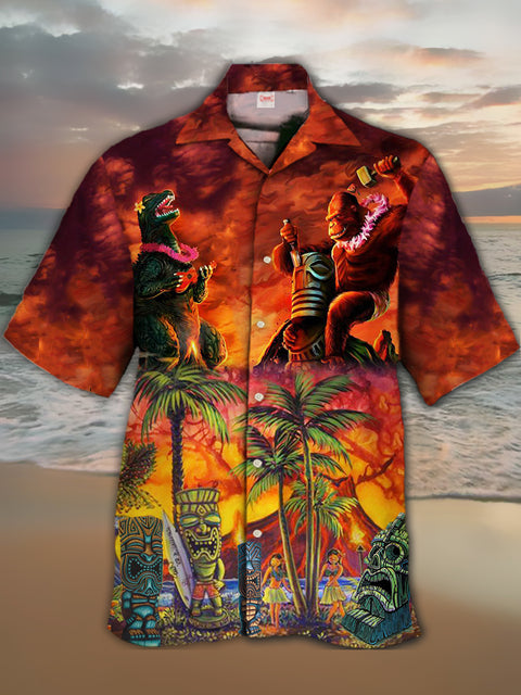 Eye-Catching Amazing Style Godzilla Wars TIKI Beach Party Printing Cuban Collar Hawaiian Short Sleeve Shirt
