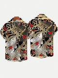 Ukiyo-e Black And White Koi WiIth Auspicious Clouds And Maple Leaves Printing Short Sleeve Shirt
