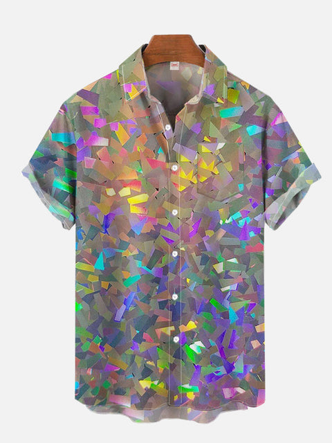 Fantasy Rainbow Glitter Printing Breast Pocket Short Sleeve Shirt