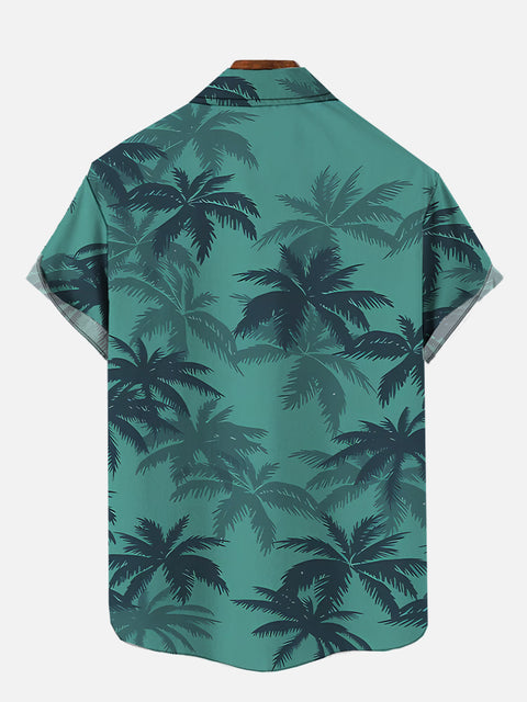 Classic Hawaiian Teal Coconut Tree Leaves Silhouette Printing Breast Pocket Short Sleeve Shirt