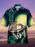 Eye-Catching Sci-Fi Green Space Star Swirl And Spaceship Printing Cuban Collar Hawaiian Short Sleeve Shirt