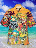 Eye-Catching Orange Beach Skeleton Holiday Party Rubber Duck Swimming Ring And Ice Drink Printing Cuban Collar Hawaiian Short Sleeve Shirt