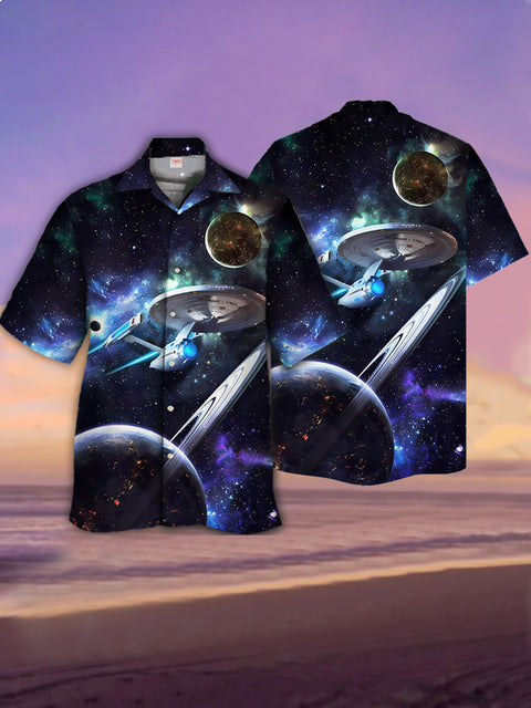 Eye-Catching Fashion Cosmic Galaxy Planet Spaceship Printing Cuban Collar Hawaiian Short Sleeve Shirt