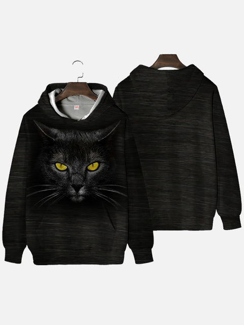 Black Cool Animal Yellow Eyed Black Cat Printing Hooded Sweatshirt