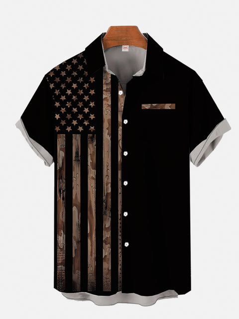 Vintage Casual American Flag And Black Patchwork Printing Breast Pocket Short Sleeve Shirt