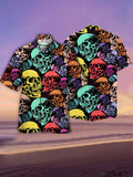 Eye-Catching Skull Art Psychedelic Colorful Skulls Printing Cuban Collar Hawaiian Short Sleeve Shirt