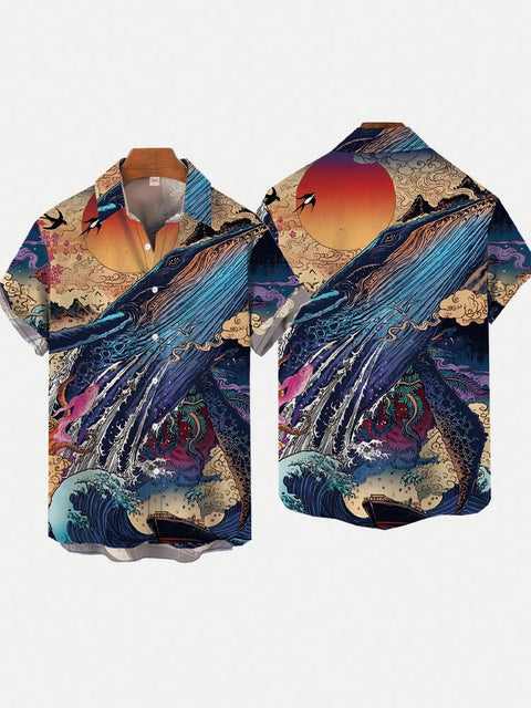 Ukiyo-e Ocean Waves With Giant Blue Whale Printing Short Sleeve Shirt