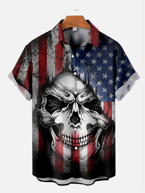American USA Flag 4th of July Skull Printing Short Sleeve Shirt