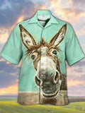 Eye-Catching Funny Farm Animal Donkey Portrait Printing Cuban Collar Hawaiian Short Sleeve Shirt