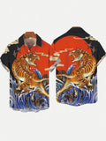 Ukiyo-e Roaring Tiger Surfing Waves Red Sun And Auspicious Clouds Printing Short Sleeve Shirt