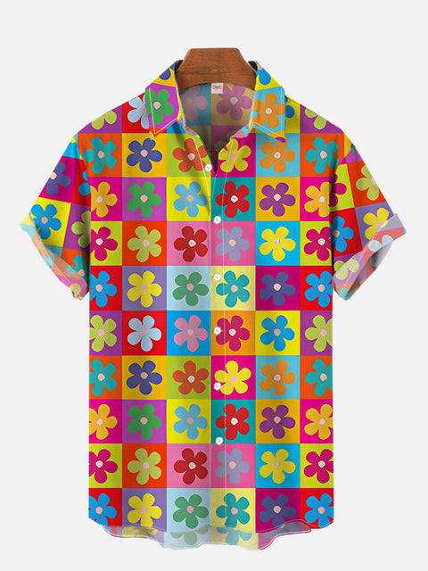 Color Block Splicing Cute Cartoon Floral Printing Short Sleeve Shirt
