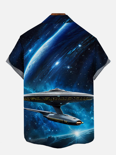 Sci-Fi Blue Fantasy Outer Space And Spaceship Printing Breast Pocket Short Sleeve Shirt