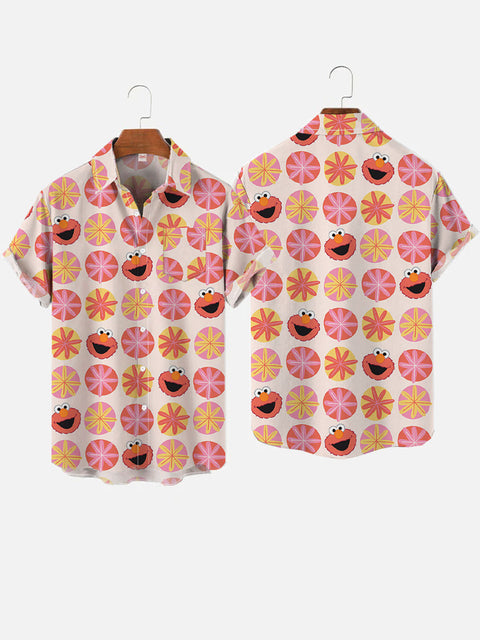 Cartoon Cute Round Circle And Flower Cartoon Character Printing Breast Pocket Short Sleeve Shirt
