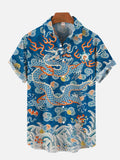 Mysterious Oriental Ethnic Style Blue Dragon Totem And Auspicious Clouds Printing Short Sleeve Shirt