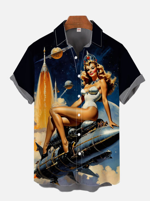 Vintage Pin Up Girl Poster Space Elements Rocket And Beauty Printing Short Sleeve Shirt