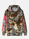 Abstract Ukiyo-E Style Peach Blossom Tiger And Clouds Printing Hooded Sweatshirt