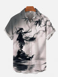 Mysterious Oriental Classic Ink Painting Knight And Bamboo Leaves Printing Short Sleeve Shirt
