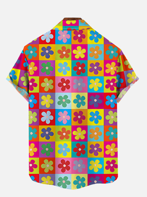 Color Block Splicing Cute Cartoon Floral Printing Short Sleeve Shirt