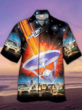 Eye-Catching Stylish Sci-Fi Interstellar Travel Galaxy Starship Printing Cuban Collar Hawaiian Short Sleeve Shirt