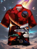 Eye-Catching Cool Black And Red Flashing Stars Space Galaxy Spaceships And Planets Printing Cuban Collar Hawaiian Short Sleeve Shirt
