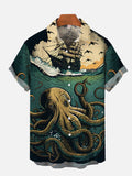 Giant Octopus And Sailing Boat On The Sea Surface Printing Short Sleeve Shirt