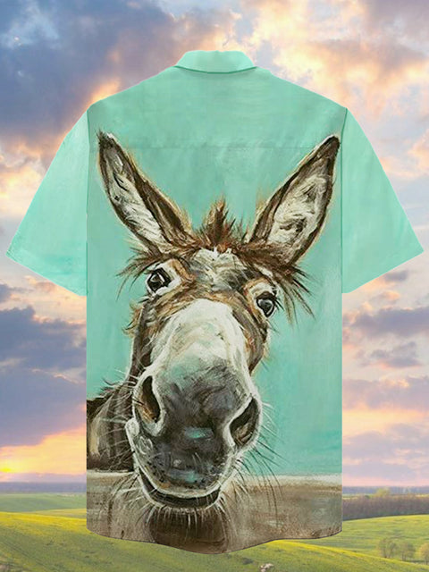 Eye-Catching Funny Farm Animal Donkey Portrait Printing Cuban Collar Hawaiian Short Sleeve Shirt