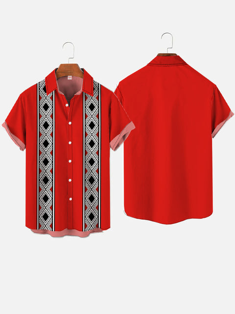 50s Red And Tribal Style Stripes Printing Short Sleeve Shirt