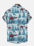 Sci-Fi Icefield Cedar And Space Battle Mechanical Walkers Printing Breast Pocket Short Sleeve Shirt