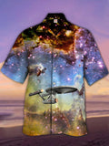 Eye-Catching Psychedelic Mysterious Galaxy And Spaceships Printing Cuban Collar Hawaiian Short Sleeve Shirt