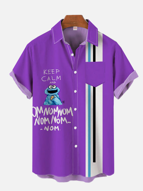 50S Retro Purple White Striped Cookie Monster Printing Breast Pocket Short Sleeve Shirt