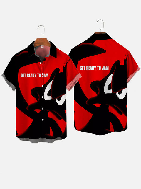 Black And Red Spliced Cartoon Duck Character Silhouette Printing Short Sleeve Shirt