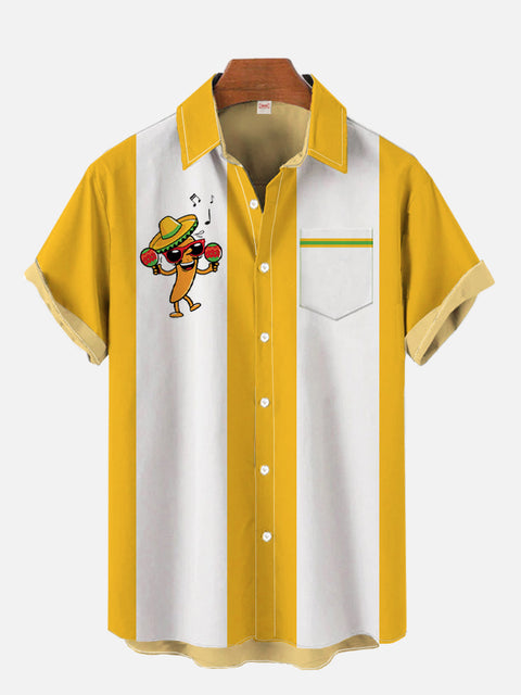 Yellow White Stripes Contrasting Color And Cartoon Mexican Pepper Printing Funny Summer Hawaiian Breast Pocket Short Sleeve Shirt