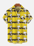 Yellow Retro Cartoon Stripes And White Dog Cartoon Costume Printing Breast Pocket Short Sleeve Shirt