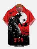 Red Ukiyo-E Monster Art Godzilla And The Bright Moon Printing Short Sleeve Shirt