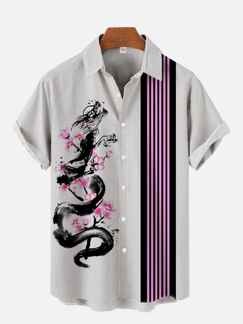 Mysterious Oriental Ink Painting Flower Dragon And Stripe Printing Short Sleeve Shirt